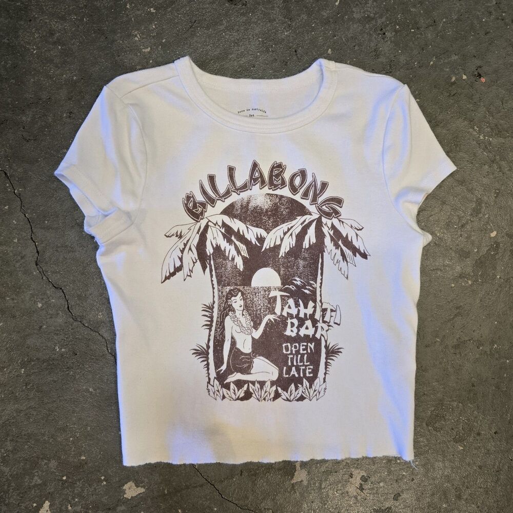 Billabong Tahiti Bar White Graphic Short Sleeve Crop Top Shirt Women's Size XS
